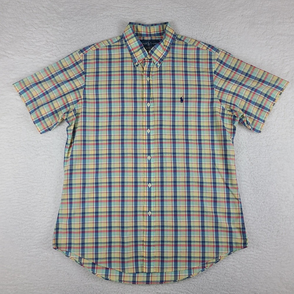 Ralph Lauren Shirt Mens Large Blue Red Yellow Green Custom Fit Button Up VTG